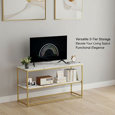 ZUQIETA 50" Modern TV Stand with Marble Top & Gold Base - 3-Tier Media Console