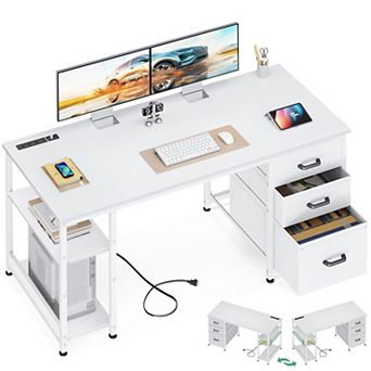 51" Reversible Home Office Desk with USB Ports, File Drawers & Storage Shelves: Modern White Writing