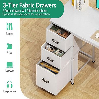 51" Reversible Home Office Desk with USB Ports, File Drawers & Storage Shelves: Modern White Writing