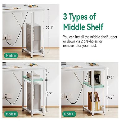 51" Reversible Home Office Desk with USB Ports, File Drawers & Storage Shelves: Modern White Writing