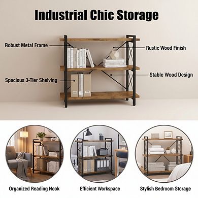 ZUQIETA Industrial 3-Tier Bookcase - Rustic Open Shelf with Horizontal Wood & Metal Design