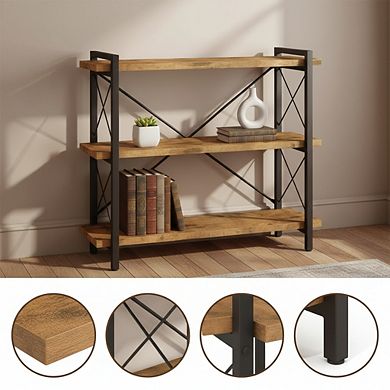 ZUQIETA Industrial 3-Tier Bookcase - Rustic Open Shelf with Horizontal Wood & Metal Design
