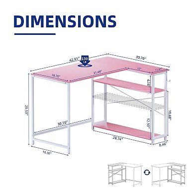 43" L-Shaped Computer Desk: Reversible Side Storage, Space-Saving Design, Home Office, Writing