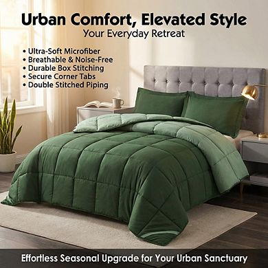 Queen Green Reversible Comforter Set, 3pc Down Alternative Quilted & Breathable