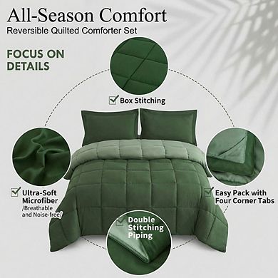 Queen Green Reversible Comforter Set, 3pc Down Alternative Quilted & Breathable