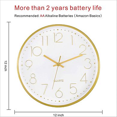 12" Silent Quartz Wall Clock: Dial for Living Room, Bedroom, Kitchen, Office, Classroom