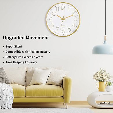 12" Silent Quartz Wall Clock: Dial for Living Room, Bedroom, Kitchen, Office, Classroom