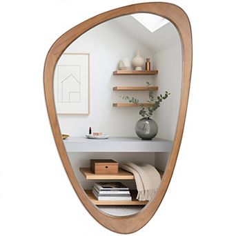 Irregular Asymmetrical Decorative Wall Mirror with Solid Wood Frame for Living Room, Bedroom