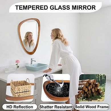 Irregular Asymmetrical Decorative Wall Mirror with Solid Wood Frame for Living Room, Bedroom