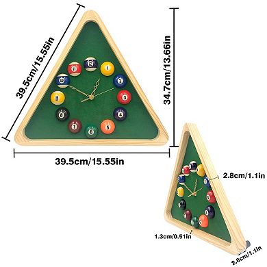 Solid Wood Billiards Clock: 14" Triangle, Silent, Easy to Set, Perfect for Game Rooms & Bars