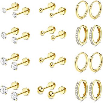 ZUQIETA 14K Gold Plated Stack Set - Hypoallergenic Flat Back Studs & Hoops for Cartilage