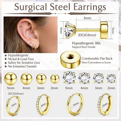 ZUQIETA 14K Gold Plated Stack Set - Hypoallergenic Flat Back Studs & Hoops for Cartilage