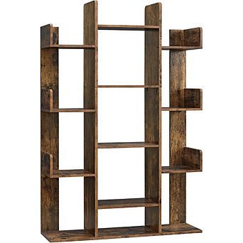ZUQIETA Tree-Shaped Bookshelf - Creative 13-Shelf Bookcase with Rounded Corners, Rustic Brown