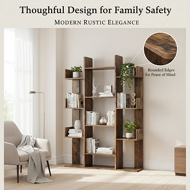 ZUQIETA Tree-Shaped Bookshelf - Creative 13-Shelf Bookcase with Rounded Corners, Rustic Brown