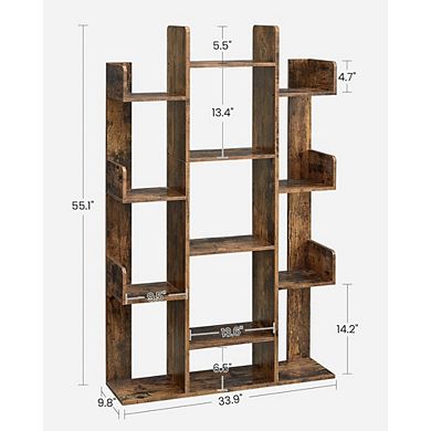 ZUQIETA Tree-Shaped Bookshelf - Creative 13-Shelf Bookcase with Rounded Corners, Rustic Brown