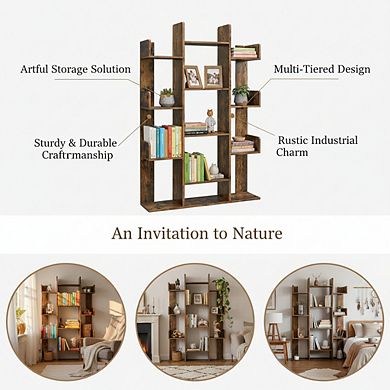 ZUQIETA Tree-Shaped Bookshelf - Creative 13-Shelf Bookcase with Rounded Corners, Rustic Brown