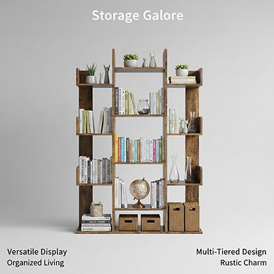 ZUQIETA Tree-Shaped Bookshelf - Creative 13-Shelf Bookcase with Rounded Corners, Rustic Brown