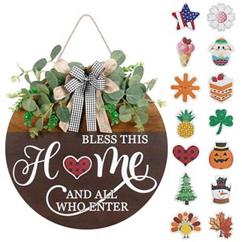 Farmhouse Rustic Round Wood Wreath: Seasonal Welcome Sign for Front Door Decor, All Year Round