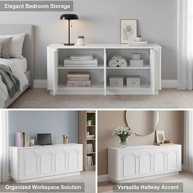 ZUQIETA Modern TV Stand for 75/80" TVs with Storage, Curved Console in White