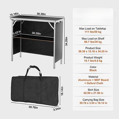 Great Ambitions Portable Folding Bar Table with Carrying Case & Shelf, 38" x 15" x 34"