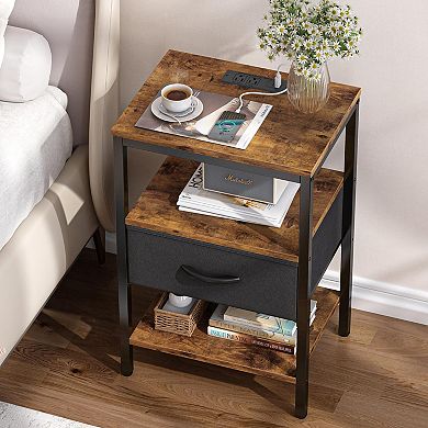 Adjustable Drawer Nightstand with Charging Station: 3-Tier Storage for Bedroom or Living Room