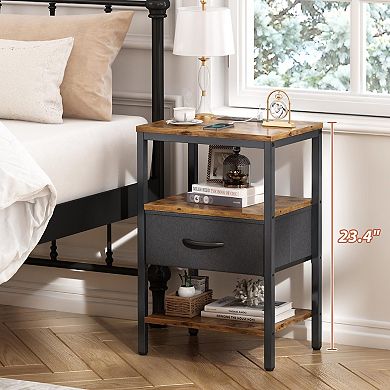 Adjustable Drawer Nightstand with Charging Station: 3-Tier Storage for Bedroom or Living Room
