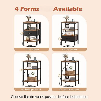 Adjustable Drawer Nightstand with Charging Station: 3-Tier Storage for Bedroom or Living Room
