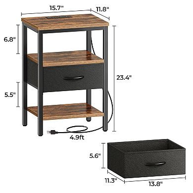 Adjustable Drawer Nightstand with Charging Station: 3-Tier Storage for Bedroom or Living Room