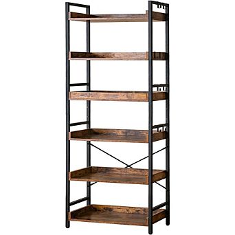 ZUQIETA Rustic Industrial Bookcase - 6 tier Adjustable Open Shelf with Black Metal Frame