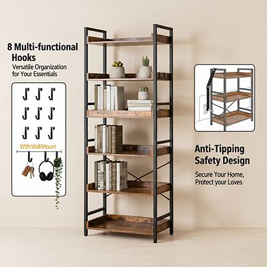 ZUQIETA Rustic Industrial Bookcase - 6-Tier Adjustable Open Shelf with Black Metal Frame