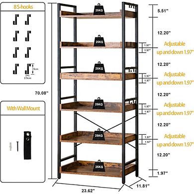 ZUQIETA Rustic Industrial Bookcase - 6-Tier Adjustable Open Shelf with Black Metal Frame