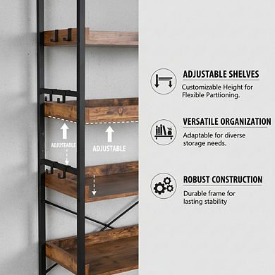ZUQIETA Rustic Industrial Bookcase - 6-Tier Adjustable Open Shelf with Black Metal Frame