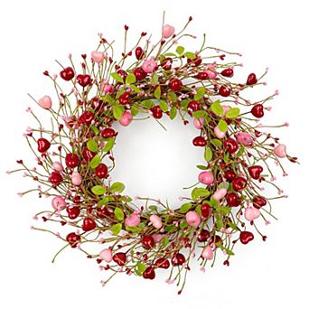 20" Farmhouse Valentine's Wreath: Heart Berries & Cherries for Doors, Windows, Walls, Weddings