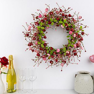 20" Farmhouse Valentine's Wreath: Heart Berries & Cherries for Doors, Windows, Walls, Weddings