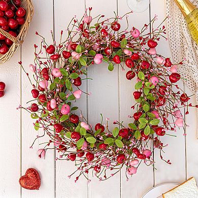 20" Farmhouse Valentine's Wreath: Heart Berries & Cherries for Doors, Windows, Walls, Weddings