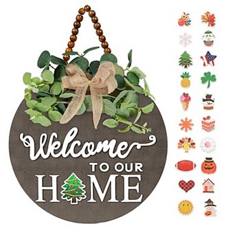 Interchangeable Welcome Sign with 20 Seasonal Icons: 3D Letters, Round Wood Wreaths, Hanging Decor