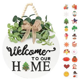 Interchangeable Welcome Sign with 20 Seasonal Icons: 3D Letters, Round Wood Wreaths, Hanging Decor