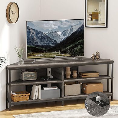 ZUQIETA Corner TV Stand with Power Outlet for 32-60" TVs, Industrial Grey Oak Console