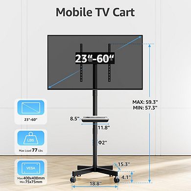 ZUQIETA Universal Home TV Cart - Rolling Stand for 27-60” Flat/Curved TVs, Tilt & Height Adjustable