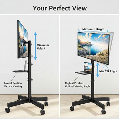 ZUQIETA Universal Home TV Cart - Rolling Stand for 27-60” Flat/Curved TVs, Tilt & Height Adjustable
