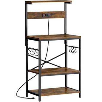 4 tier Kitchen Storage Rack with Power Outlet and Hooks - Rustic Brown