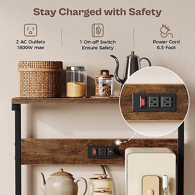 4-Tier Kitchen Storage Rack with Power Outlet and Hooks - Rustic Brown
