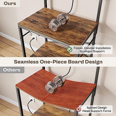 4-Tier Kitchen Storage Rack with Power Outlet and Hooks - Rustic Brown