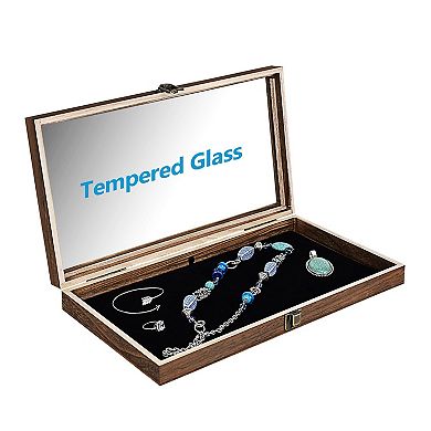 Wooden Jewelry Display Case with Tempered Glass Lid and Removable Black MDF Pad