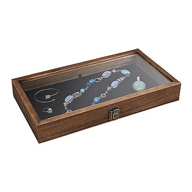 Wooden Jewelry Display Case with Tempered Glass Lid and Removable Black MDF Pad