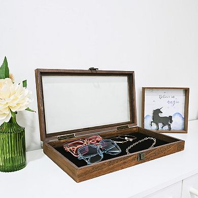 Wooden Jewelry Display Case with Tempered Glass Lid and Removable Black MDF Pad
