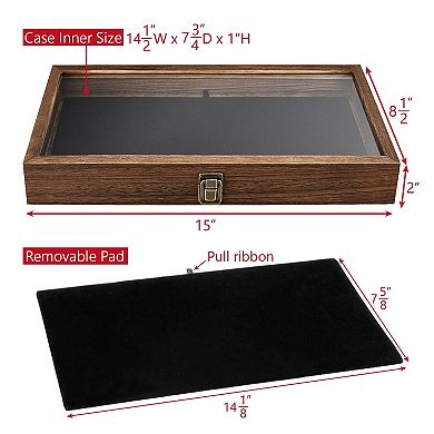 Wooden Jewelry Display Case with Tempered Glass Lid and Removable Black MDF Pad