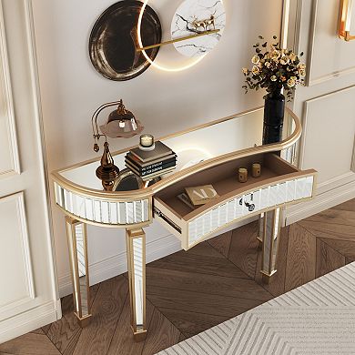 Merax Half-Moon Mirrored Console Table with Fluted Glass & Crystal Knob Drawer