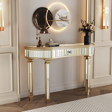 Merax Half-Moon Mirrored Console Table with Fluted Glass & Crystal Knob Drawer