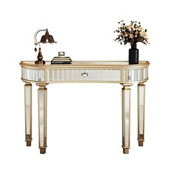 Merax Half-Moon Mirrored Console Table with Fluted Glass & Crystal Knob Drawer